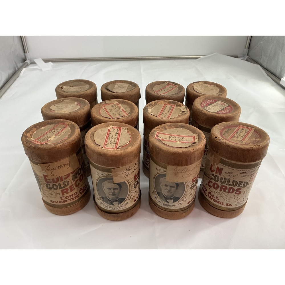 Lot of 12 Antique Edison Gold Moulded Record Wax Cylinders with Original Cases